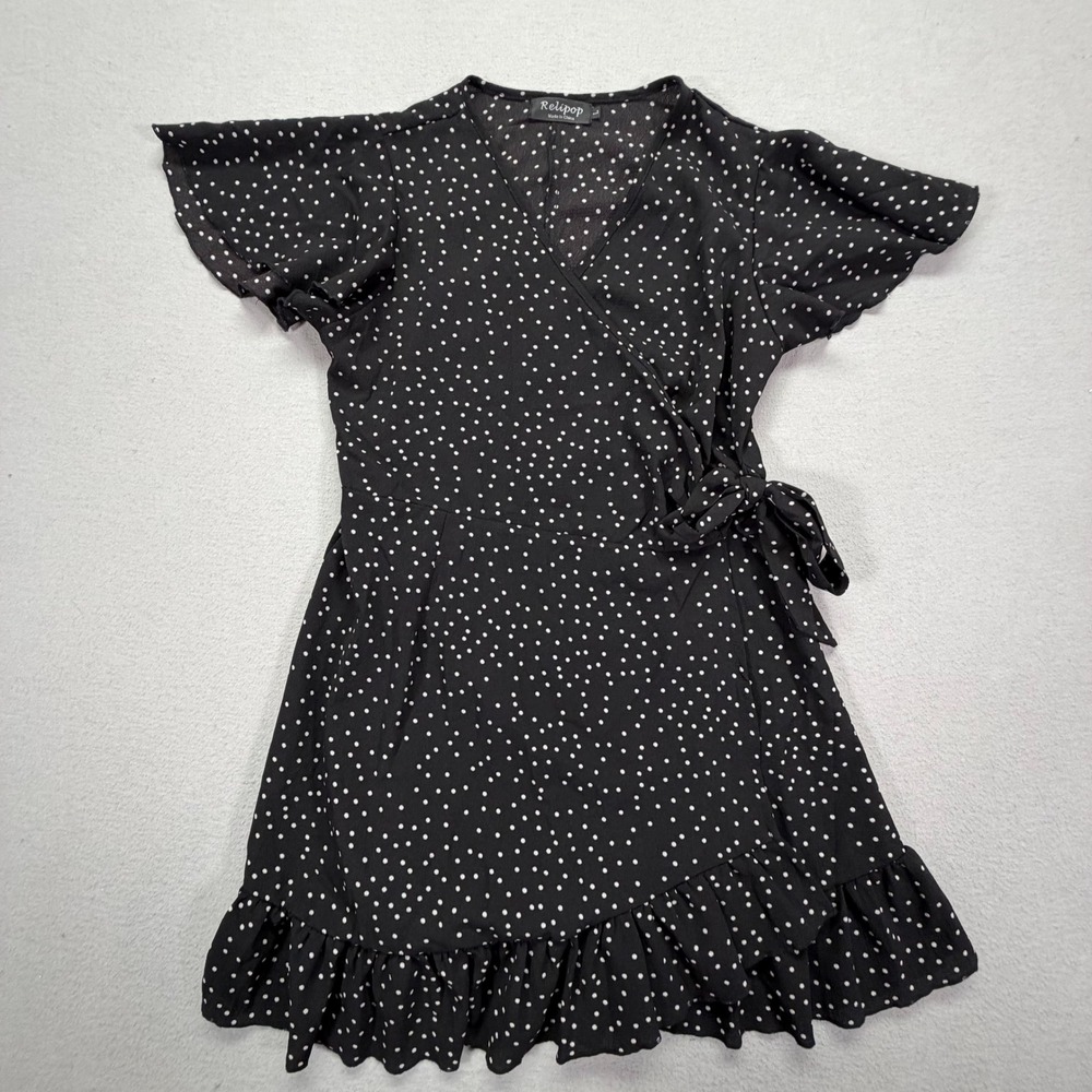 Relipop Women Dress Wrap Black Polka Dot Ruffle Flutter Sleeve L
